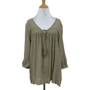 Monoreno Tassel Blouse Womens S Small Herb Tie Front Quarter Sleeve Peasant Top
